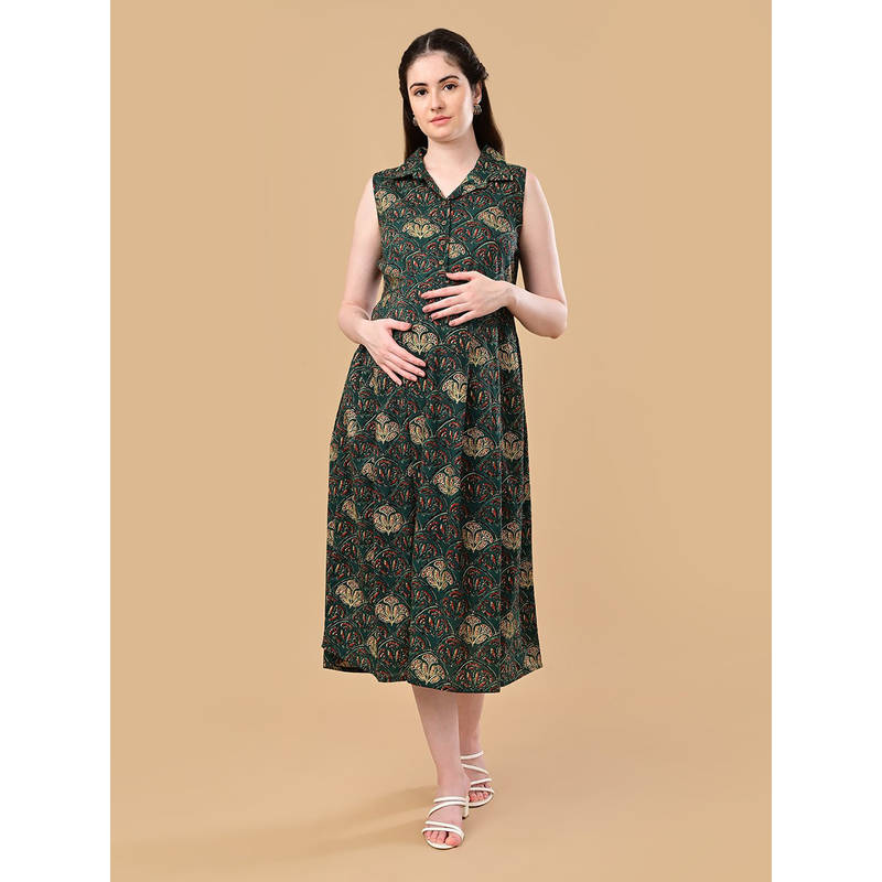 The Mom Store Green Floral Cotton Regular Fit Maternity Dress (M)