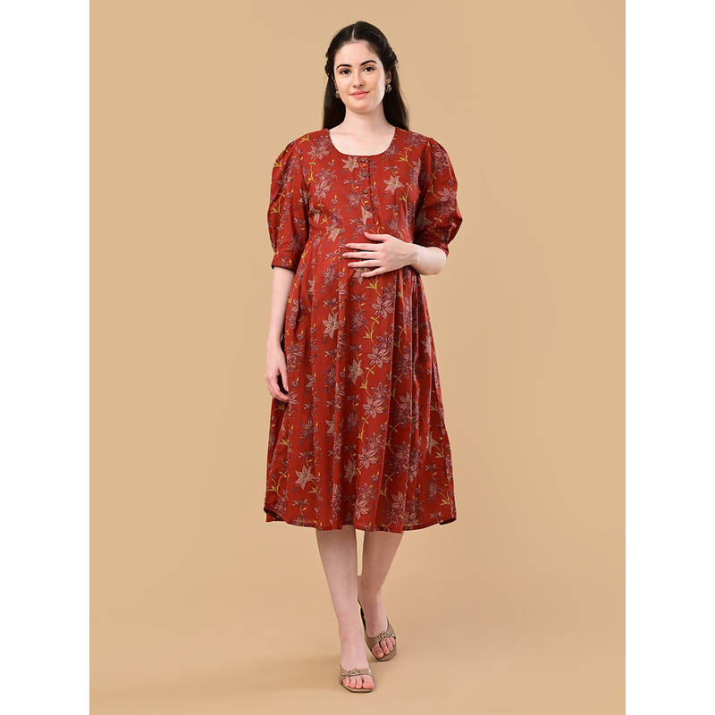 The Mom Store Maroon Floral Cotton Regular Fit Maternity Dress (M)