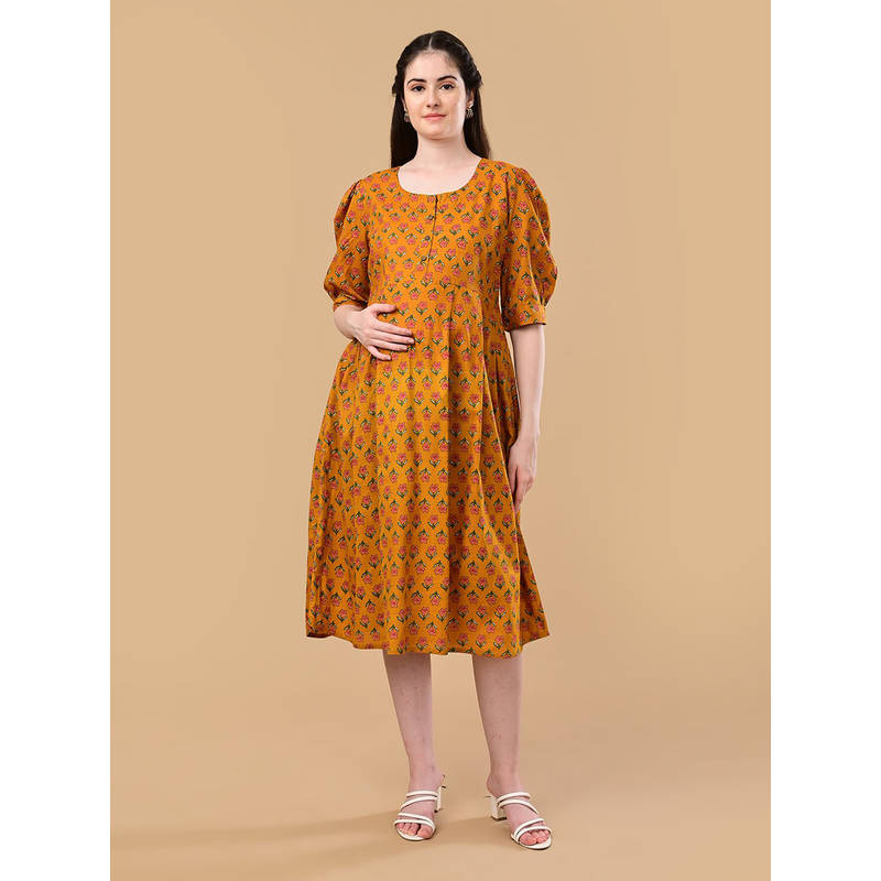 The Mom Store Mustard Floral Cotton Regular Fit Maternity Dress (S)