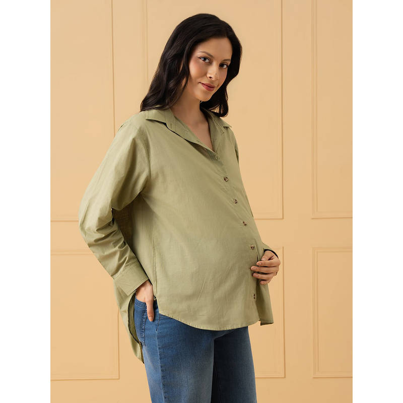 The Mom Store Olive Solid Cotton Oversized Fit Shirt (S)