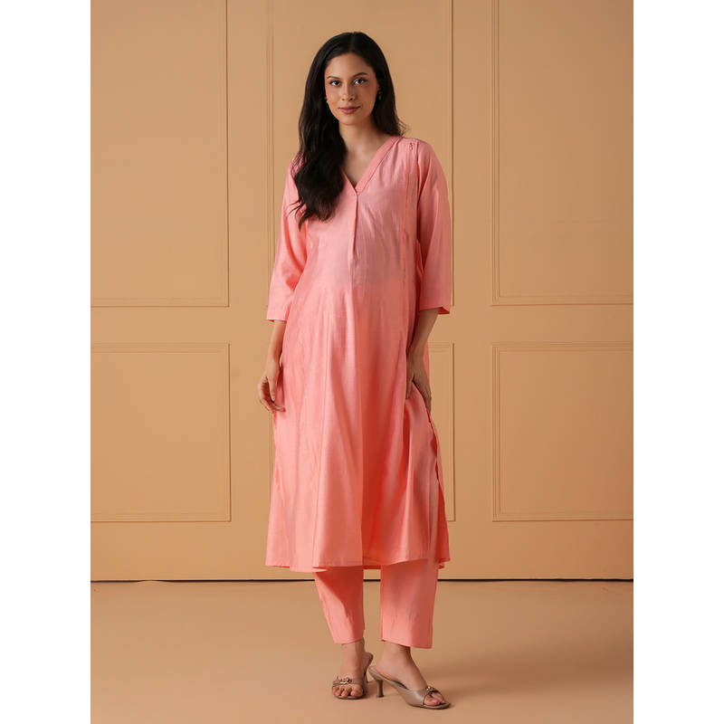 The Mom Store Peach Solid Cotton Comfortable Fit Kurta and Pant (S)