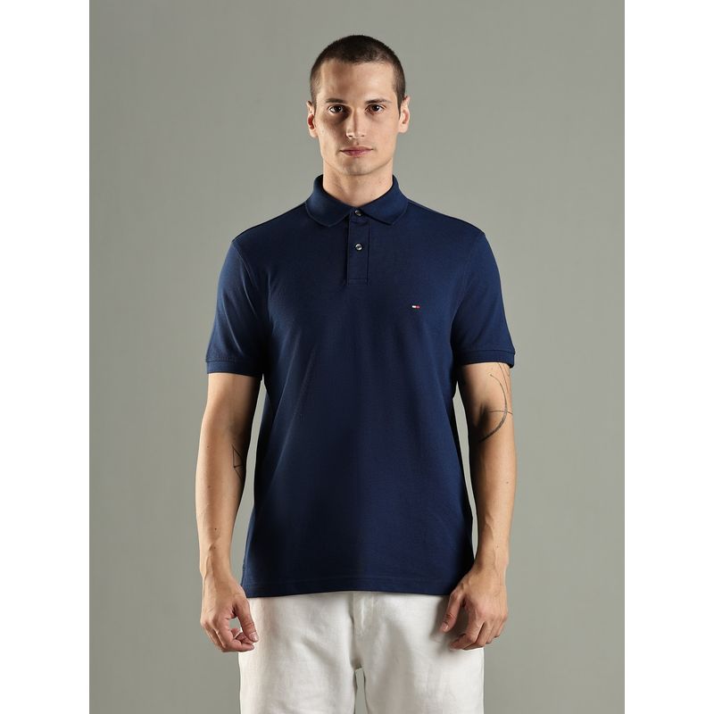 Tommy Hilfiger Solid Regular Fit Cotton Navy Blue Polo T-Shirt (M)
