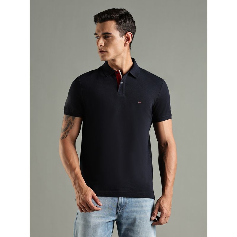Tommy Hilfiger Solid Regular Fit Cotton Navy Blue Polo T-Shirt (XS)