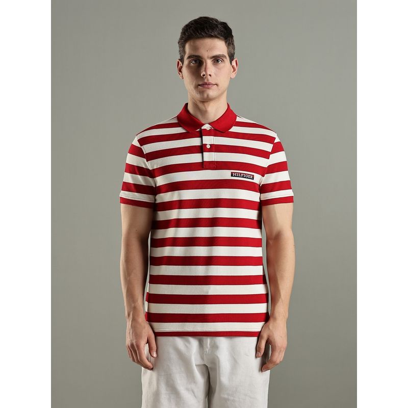 Tommy Hilfiger Striped Regular Fit Cotton Red Polo T-Shirt (XS)