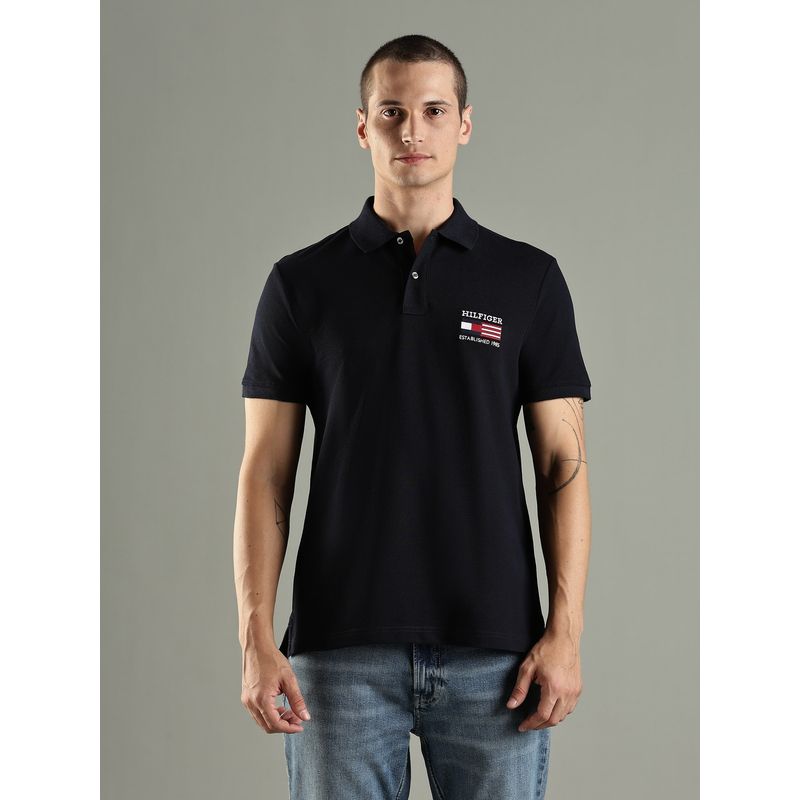 Tommy Hilfiger Solid Regular Fit Cotton Navy Blue Polo T-Shirt (XL)