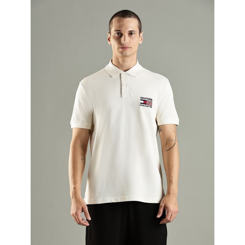 Tommy Hilfiger Solid Regular Fit Cotton Off White Polo T-Shirt (XS)