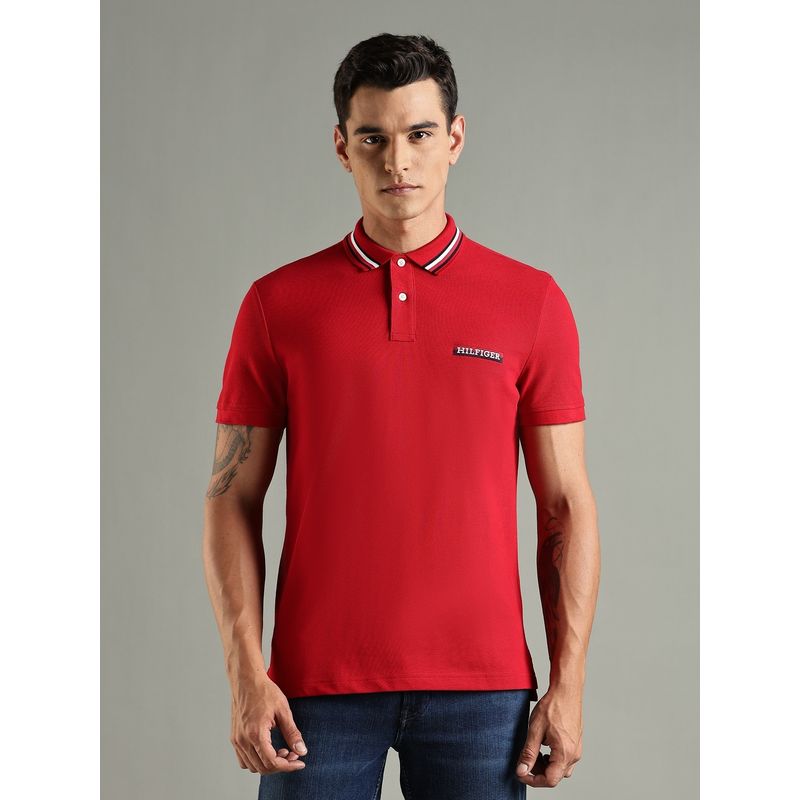 Tommy Hilfiger Solid Regular Fit Cotton Red Polo T-Shirt (M)