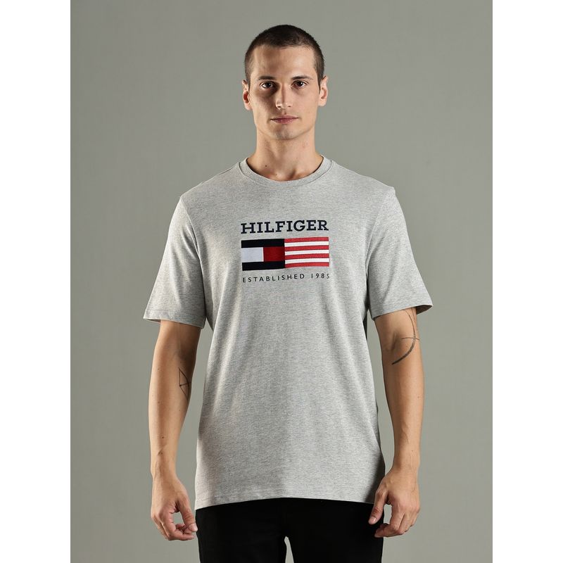 Tommy Hilfiger Logo Printed Regular Fit Cotton Grey T-Shirt (XS)
