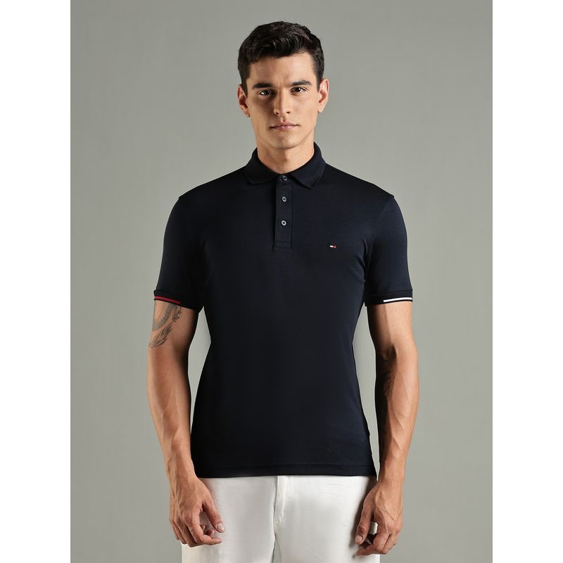 Tommy Hilfiger Solid Slim Fit Cotton Navy Blue Polo T-Shirt (L)