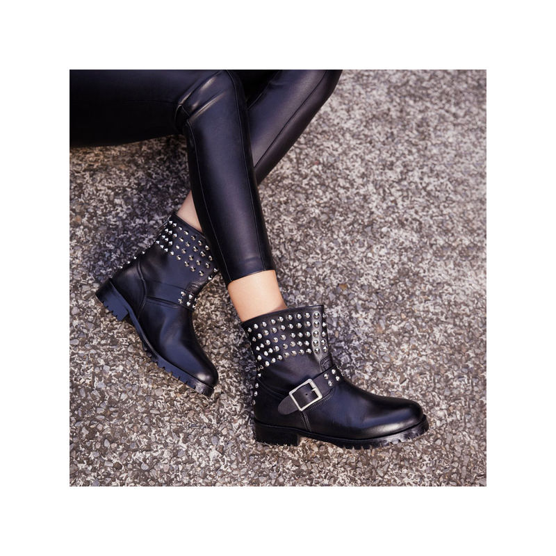 Saint G Womens Metal Studded Black Leather Biker Boots (EURO 36) (EURO 36)