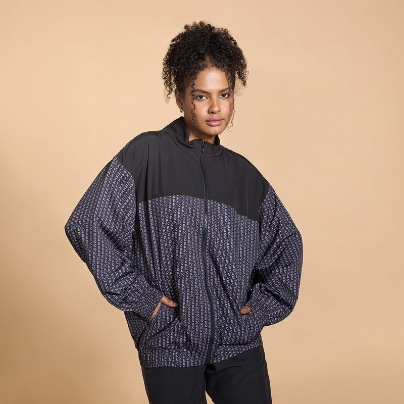 Kica Oversized Printed Bomber Jacket With Side Pockets And Colourblock Panel (S/M)