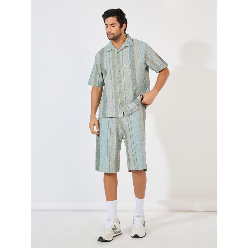 Styli Men Green Jacquard Stripe Knit Relaxed Shirt with Oversized Shorts Co-Ord (Set of 2) (2XL)