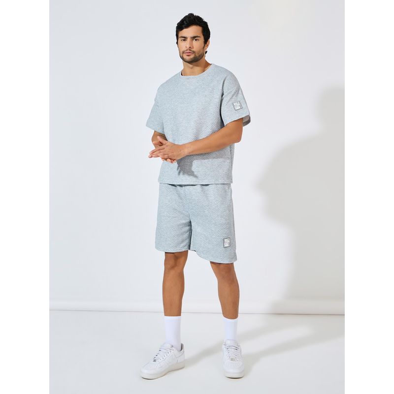 Styli Men Grey Jacquard Knit Oversized T-Shirt and Shorts Co-Ord (Set of 2) (S)