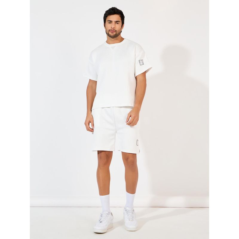 Styli Men White Jacquard Knit Oversized T-Shirt and Shorts Co-Ord (Set of 2) (S)