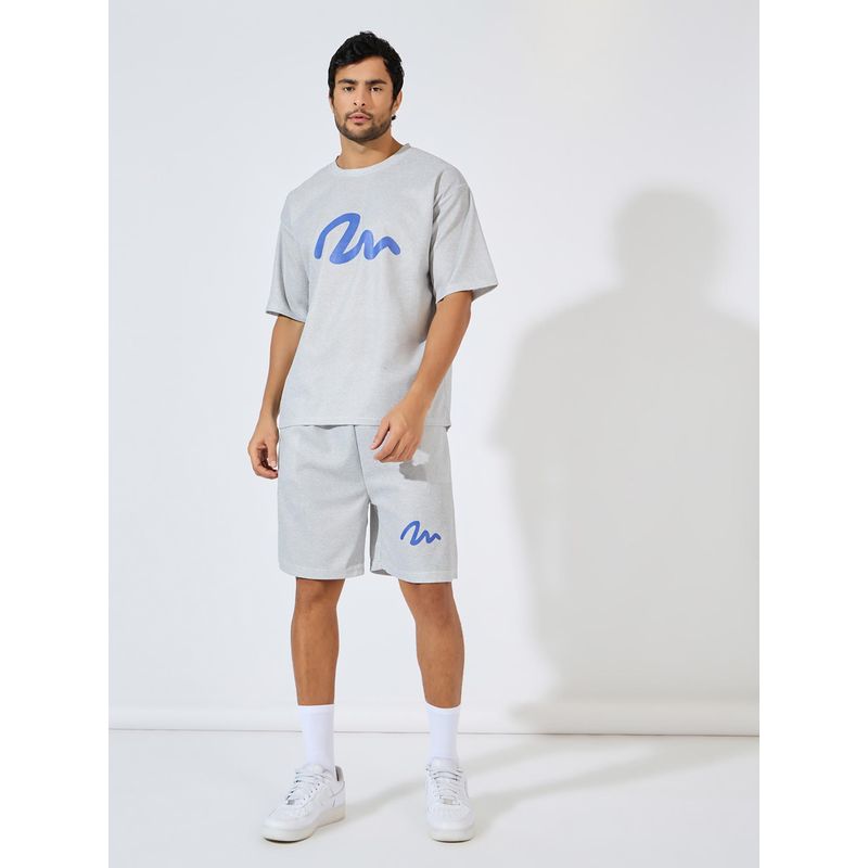 Styli Men Grey Graffiti Print Textured Oversized T-Shirt and Shorts Co-Ord (Set of 2) (M)