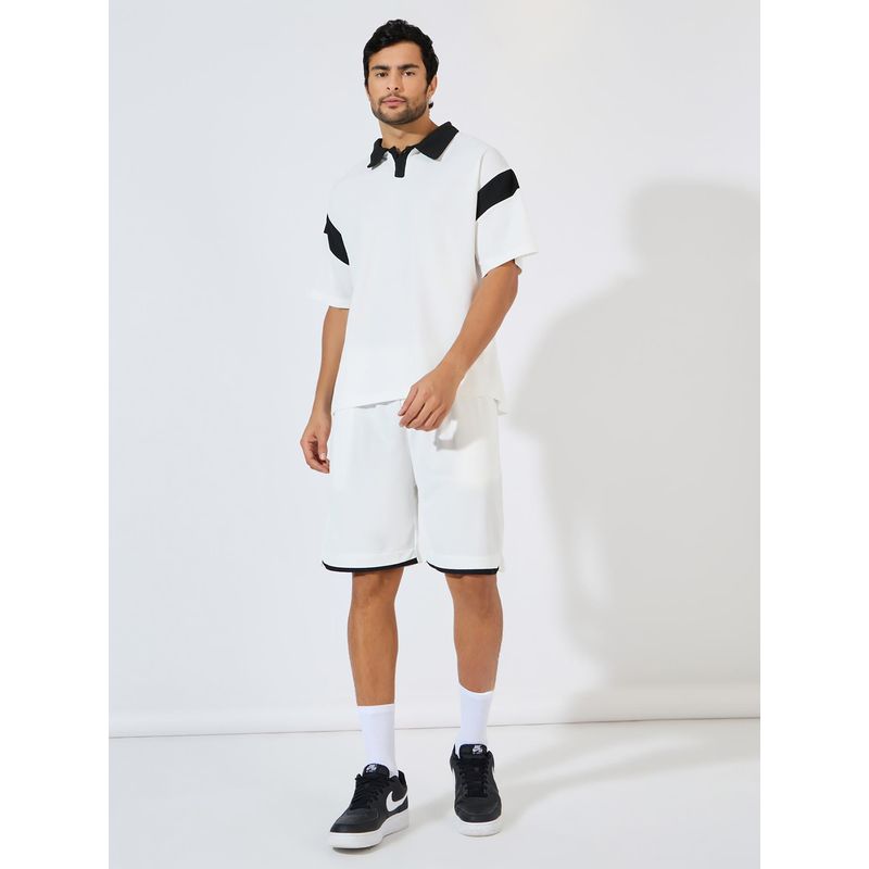 Styli Men White Colorblock Oversized Polo T-Shirt and Shorts Co-Ord (Set of 2) (S)