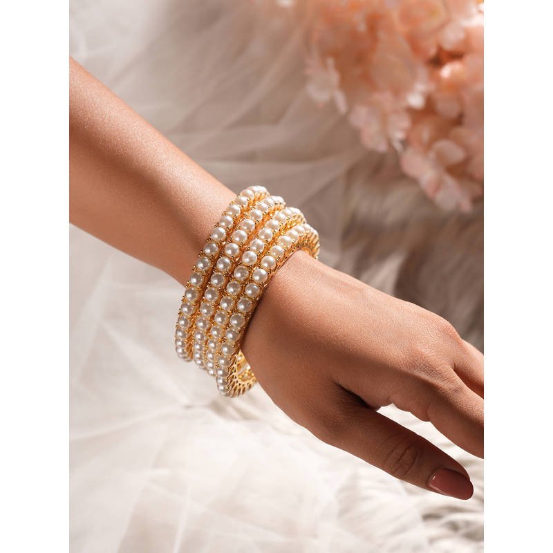 Saraf RS Jewellery Gold Polish Pearl White Beaded Bangles (Pack of 4) (2.4)