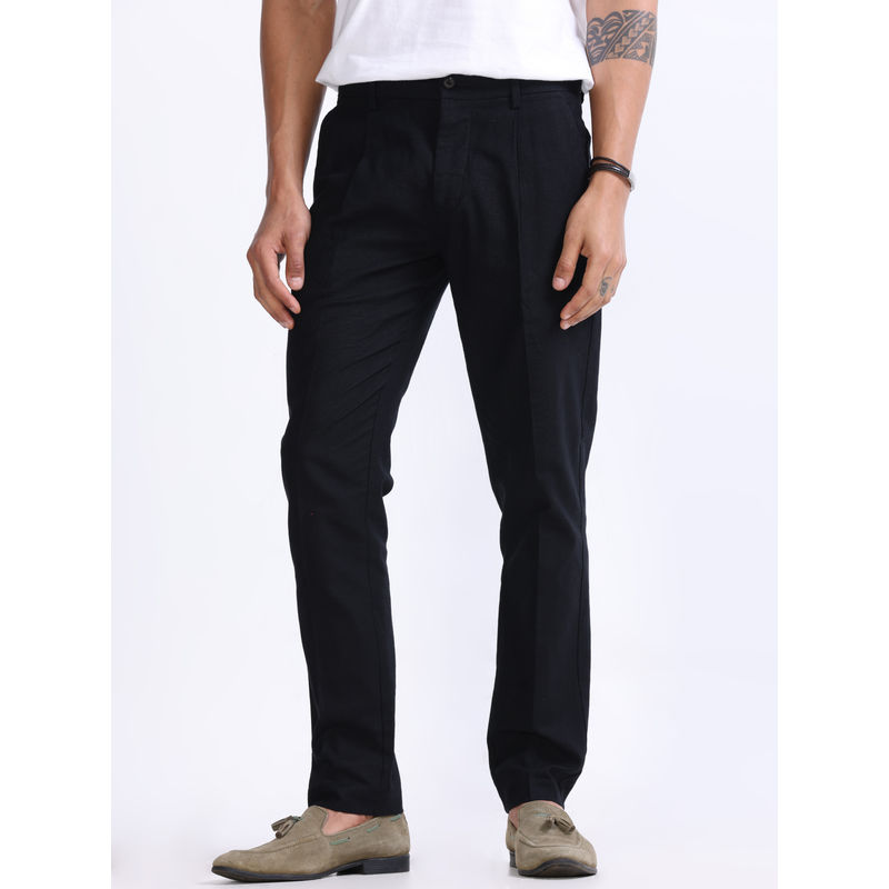 TAILORAEDGE Raw Slub Pleated Black Trouser (30)