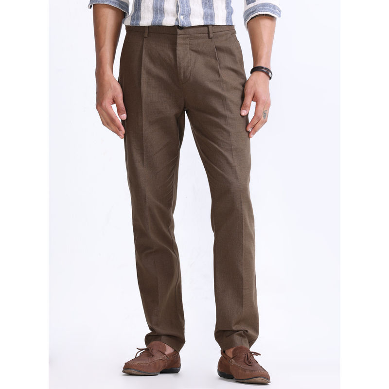 TAILORAEDGE Raw Slub Pleated Fur Brown Trouser (32)