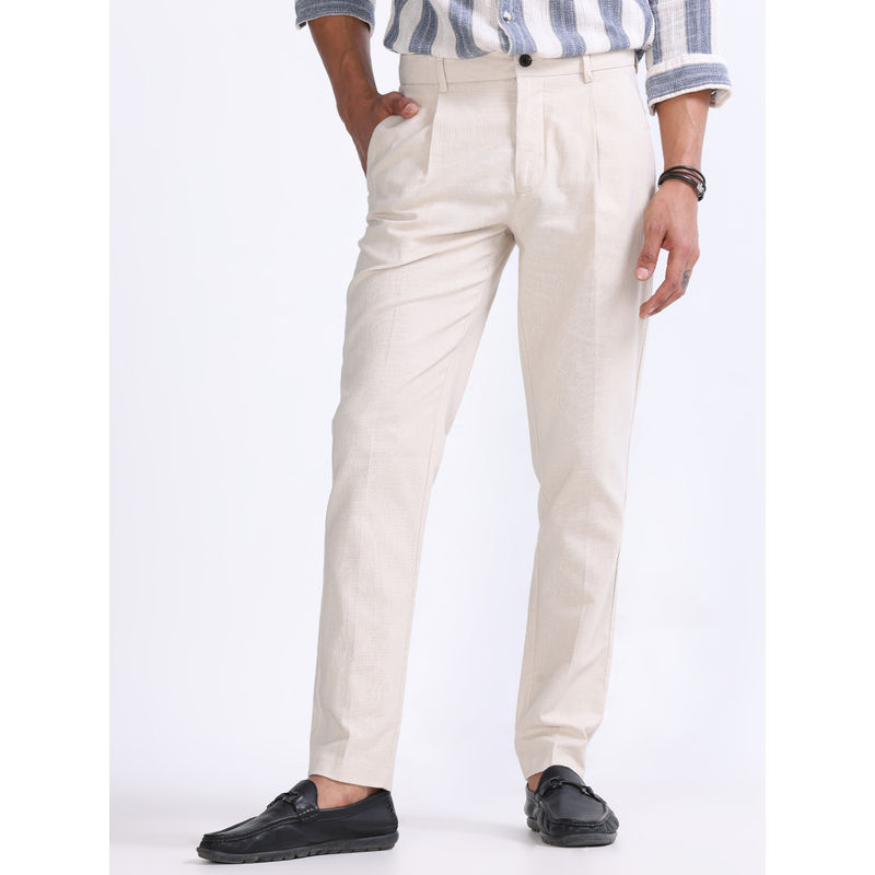 TAILORAEDGE Raw Slub Pleated Cream Trouser (32)