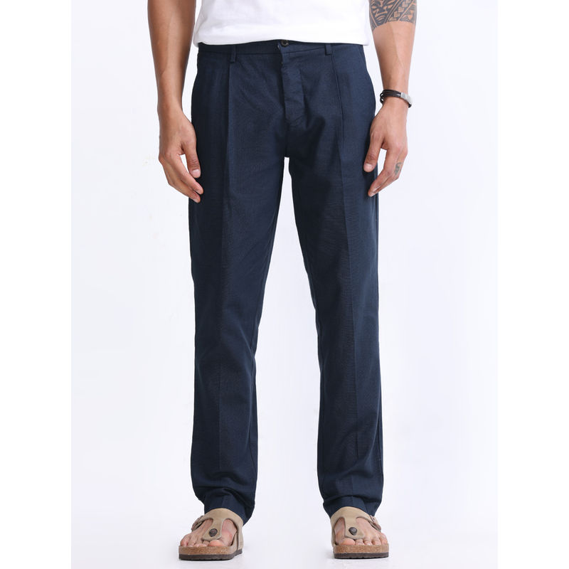 TAILORAEDGE Raw Slub Pleated Navy Blue Trouser (28)