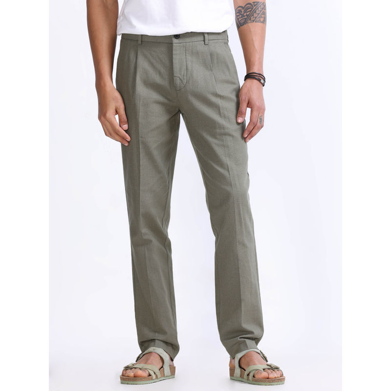 TAILORAEDGE Raw Slub Pleated Pine Olive Trouser (28)