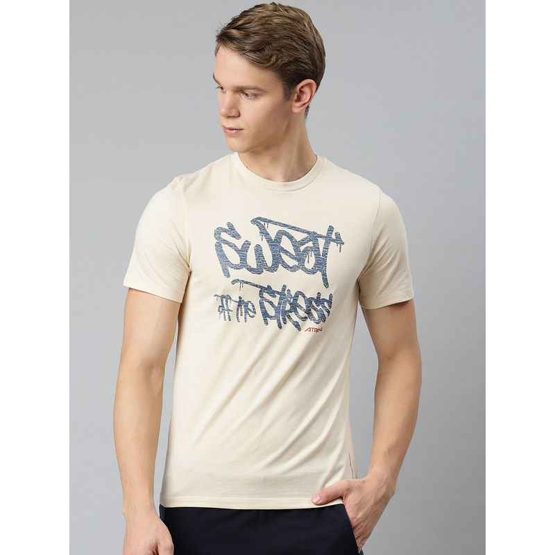Alcis Men Beige Typography Printed Slim Fit Training or Gym T-Shirt (S)
