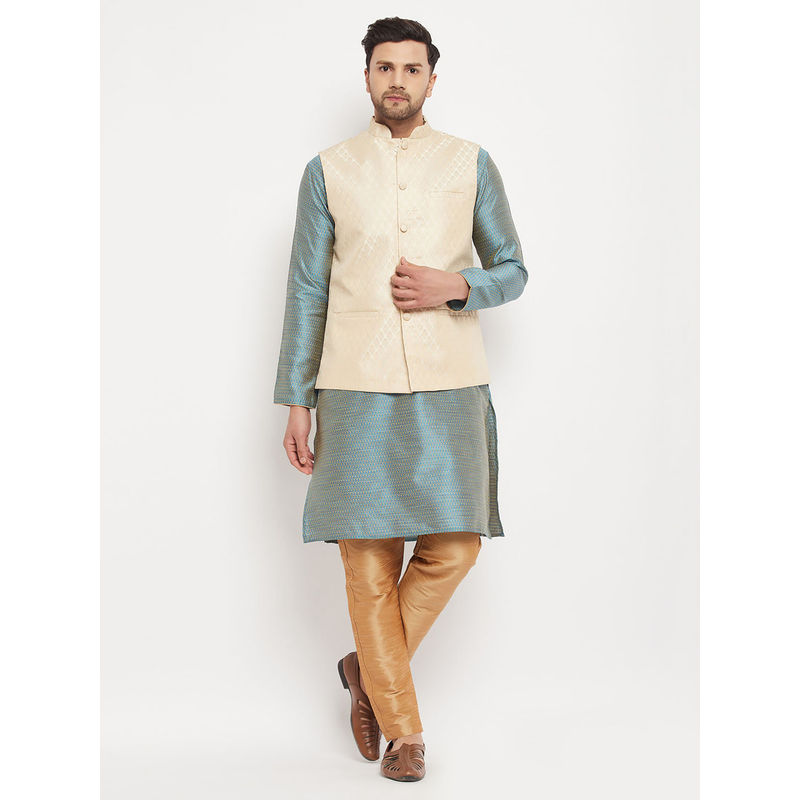 Vastramay Mens Aqua, Cream & Rose Gold Silk Blend Jacket, Kurta & Pyjama (Set of 3) (S)