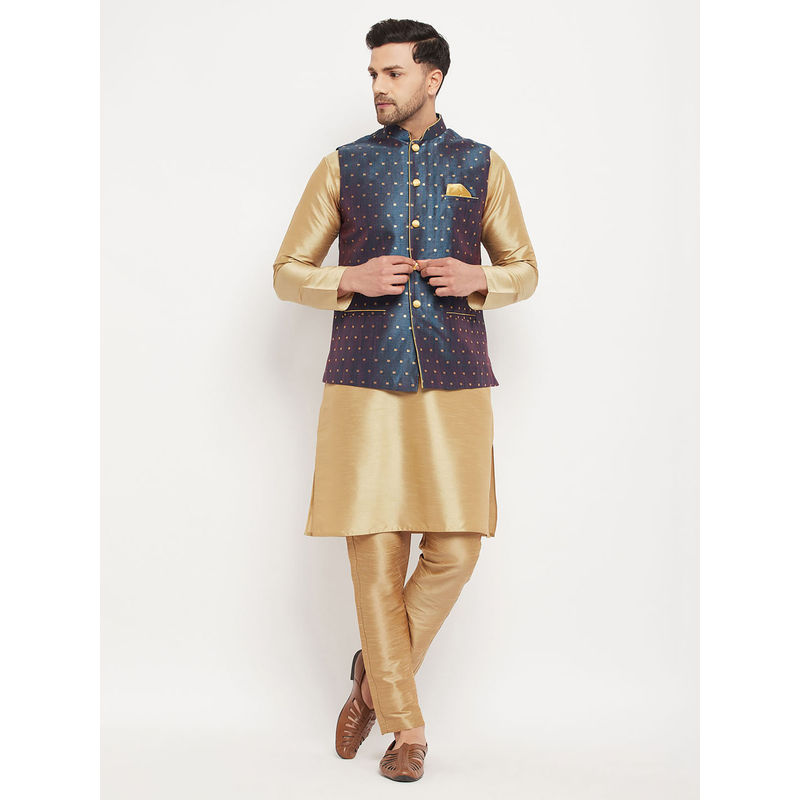Vastramay Mens Blue & Rose Gold Silk Blend Jacket, Kurta & Pyjama (Set of 3) (S)