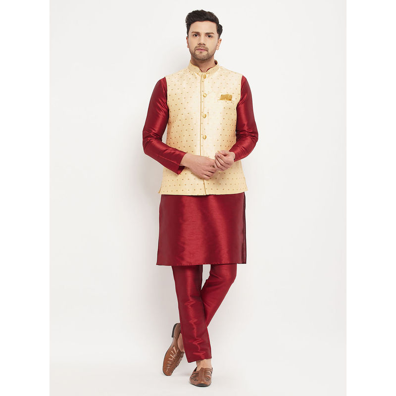 Vastramay Mens Maroon & Gold Silk Blend Jacket, Kurta & Pyjama (Set of 3) (S)