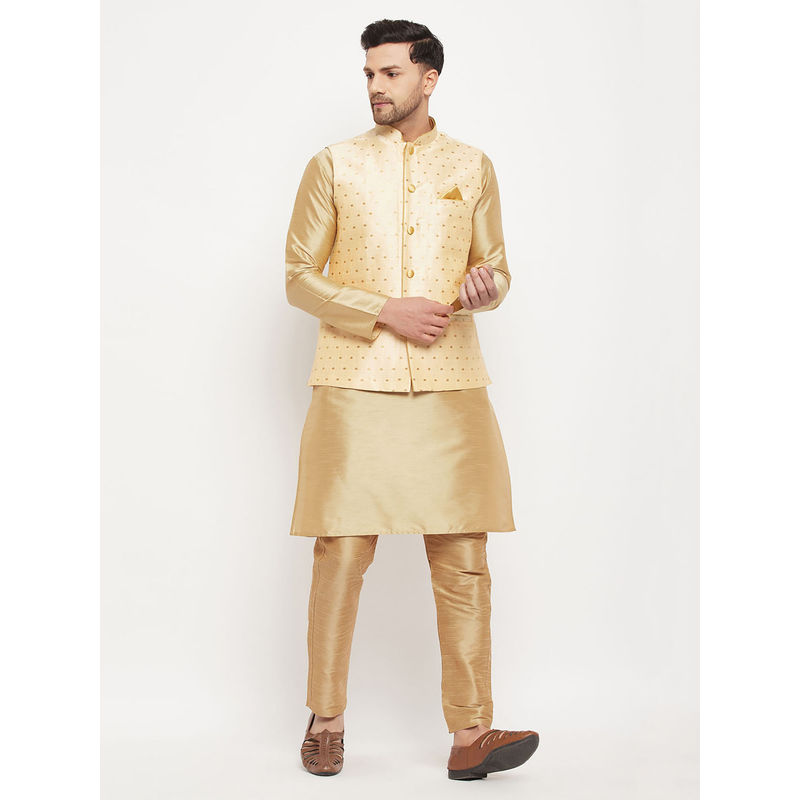 Vastramay Mens Gold & Rose Gold Silk Blend Jacket, Kurta & Pyjama (Set of 3) (L)