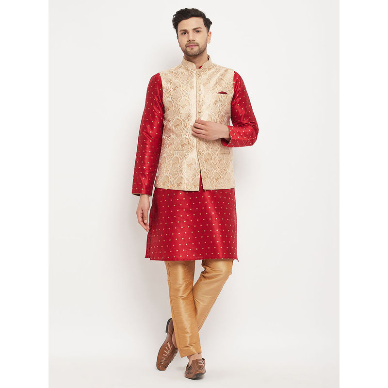 Vastramay Mens Maroon & Rose Gold Silk Blend Jacket, Kurta & Pyjama (Set of 3) (S)