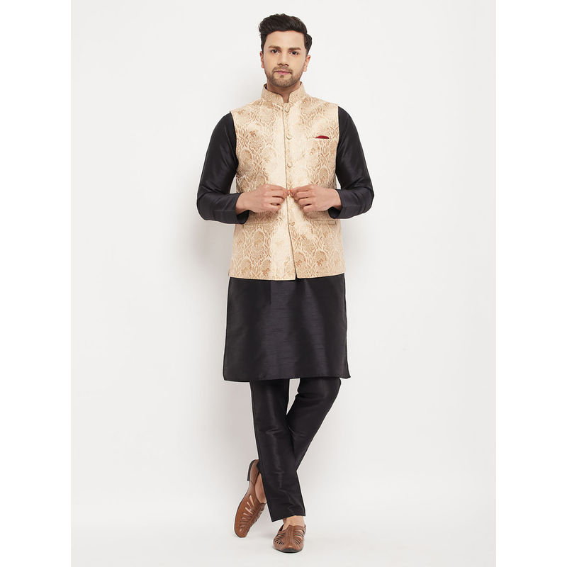 Vastramay Mens Black & Rose Gold Silk Blend Jacket, Kurta & Pyjama (Set of 3) (S)