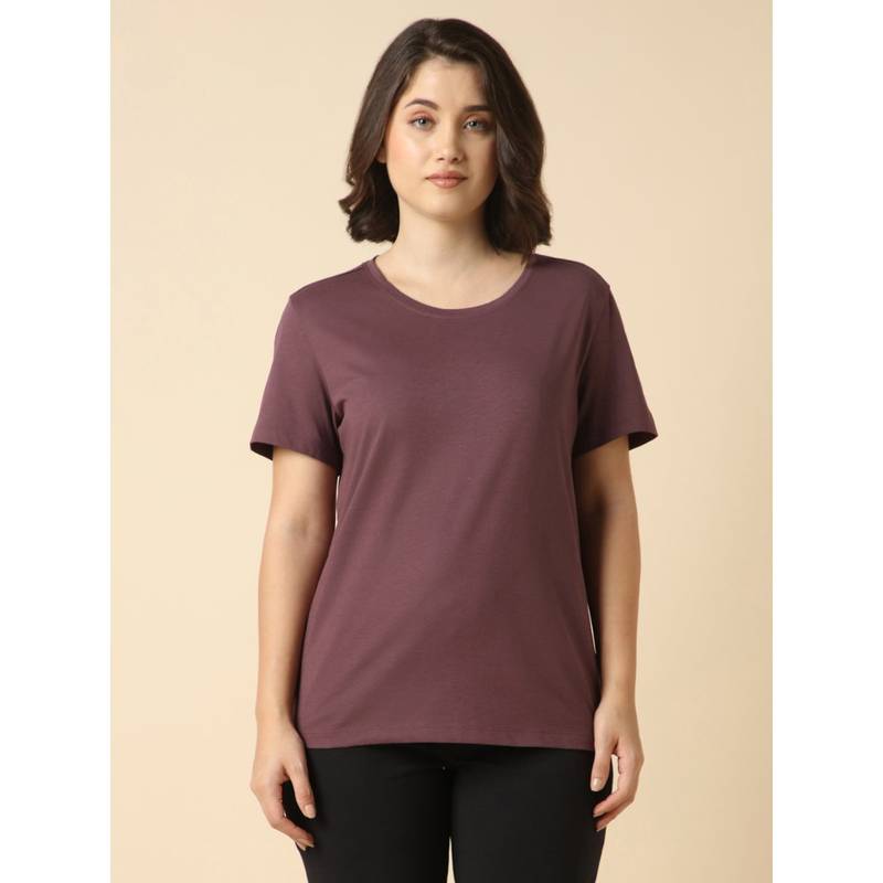 Van Heusen Women Cotton Solid Relax Fit T-shirt - Wine (XL)