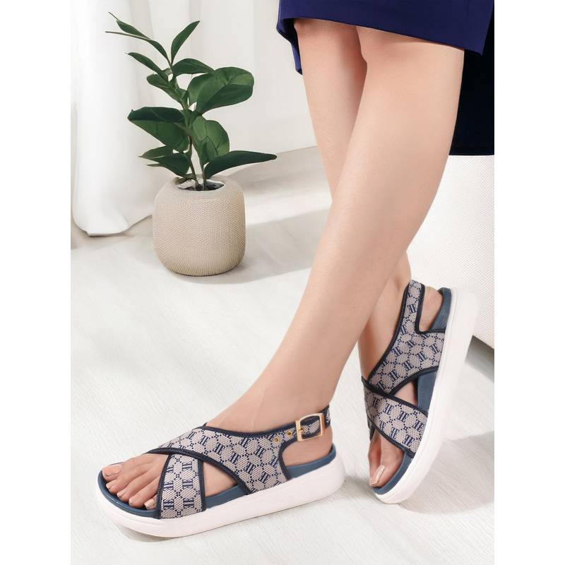 ELLE Women Patterned Cross Strap Adjustable Navy Blue Sandals (EURO 40)