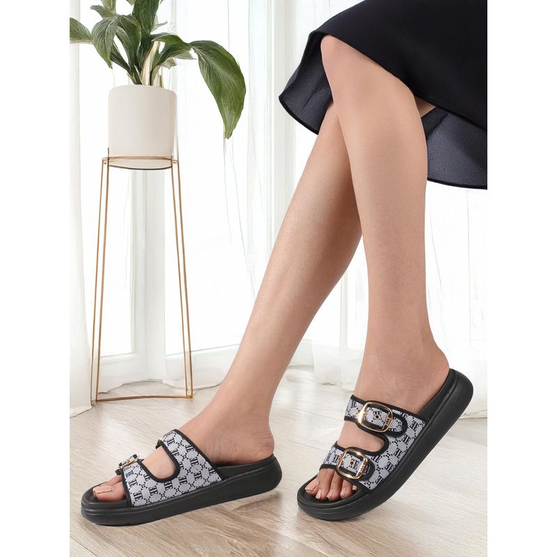 ELLE Women Patterned Double Strap Adjustable Buckle Black Sandals (EURO 36)