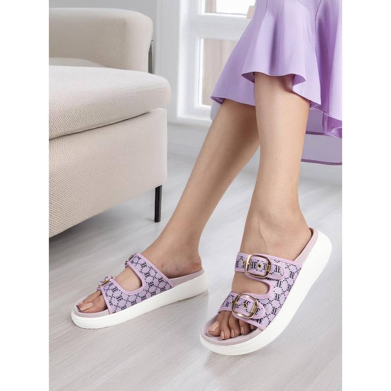 ELLE Women Patterned Double Strap Adjustable Buckle Lavender Sandals (EURO 36)
