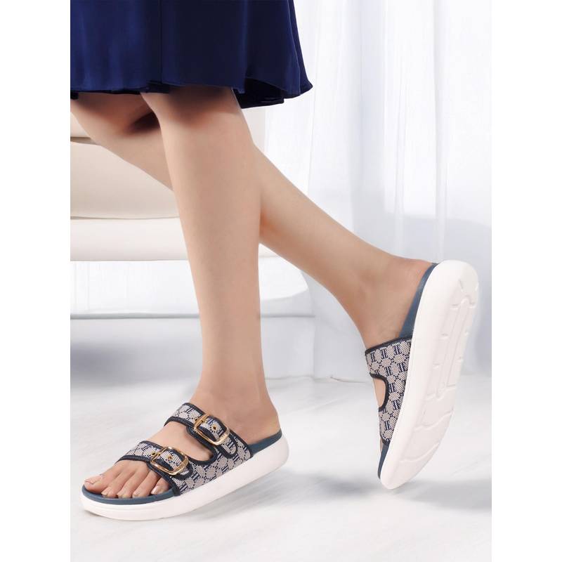 ELLE Women Patterned Double Strap Adjustable Buckle Navy Blue Sandals (EURO 37)