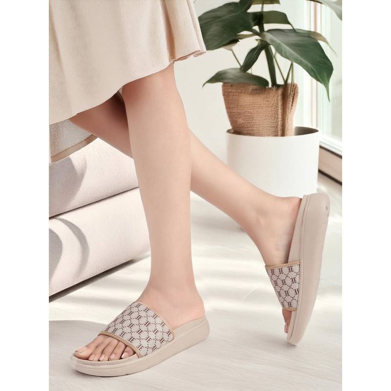 ELLE Women Monogram Print Single Band Embellished Comfort Beige Sliders (EURO 37)