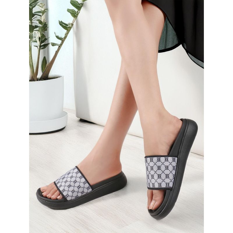 ELLE Women Monogram Print Single Band Embellished Comfort Black Sliders (EURO 36)