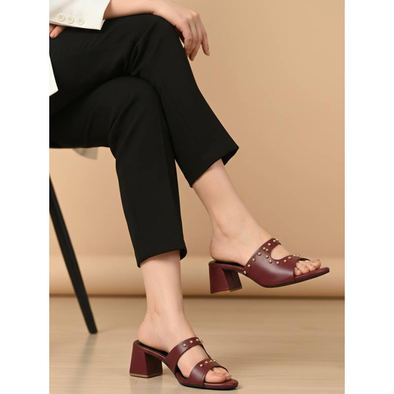 ELLE Women Studded Dual Strap Maroon Sandal Heels (EURO 40)