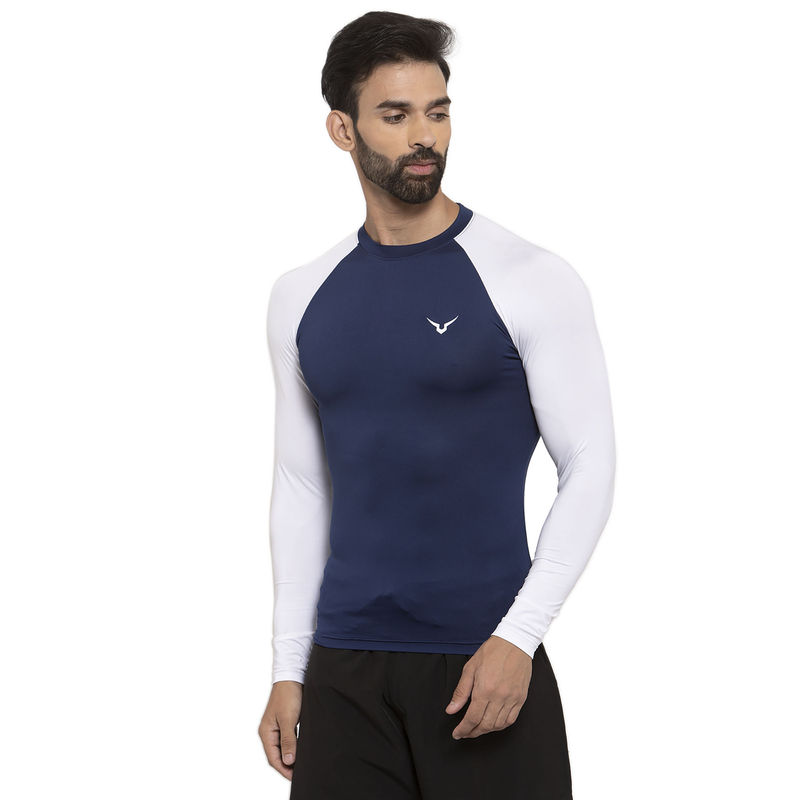 INVINCIBLE Navy Blue White Mens Compress Base Layer Long Sleeve T-Shirt (S)