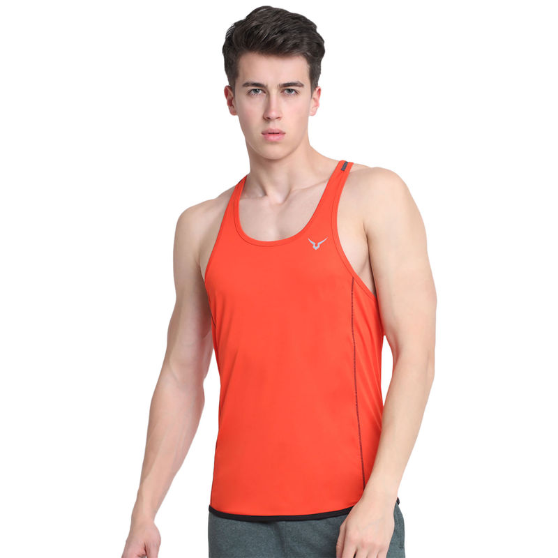 INVINCIBLE Neon Orange Mens Fitness Stringer Vest (L)