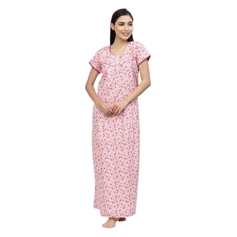 Sweet Dreams Women Printed Half Sleeves Cotton Blended Maxi Nightdress - Pink (M)