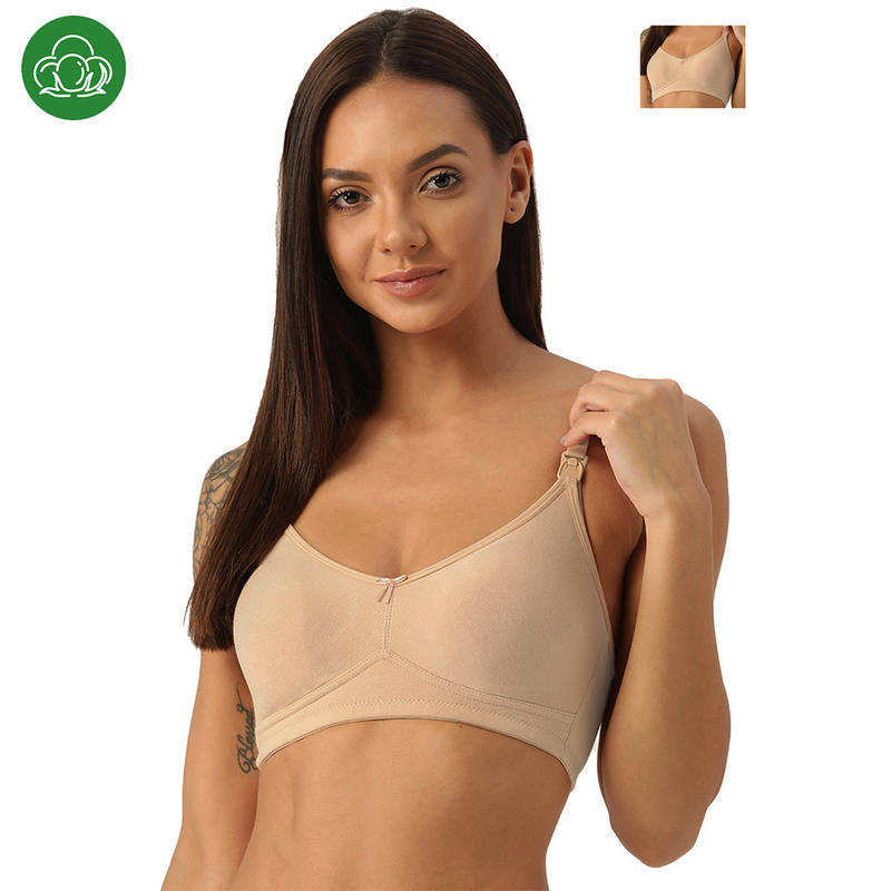 Inner Sense Organic Cotton Antimicrobial Soft Nursing Bra with Removable Pads Nude (Pack of 2) (S)