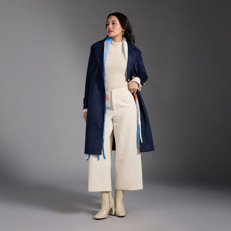 Twenty Dresses by Nykaa Fashion Navy Blue Lapel Double Breasted Overcoat with Belt (Set of 2) (S)