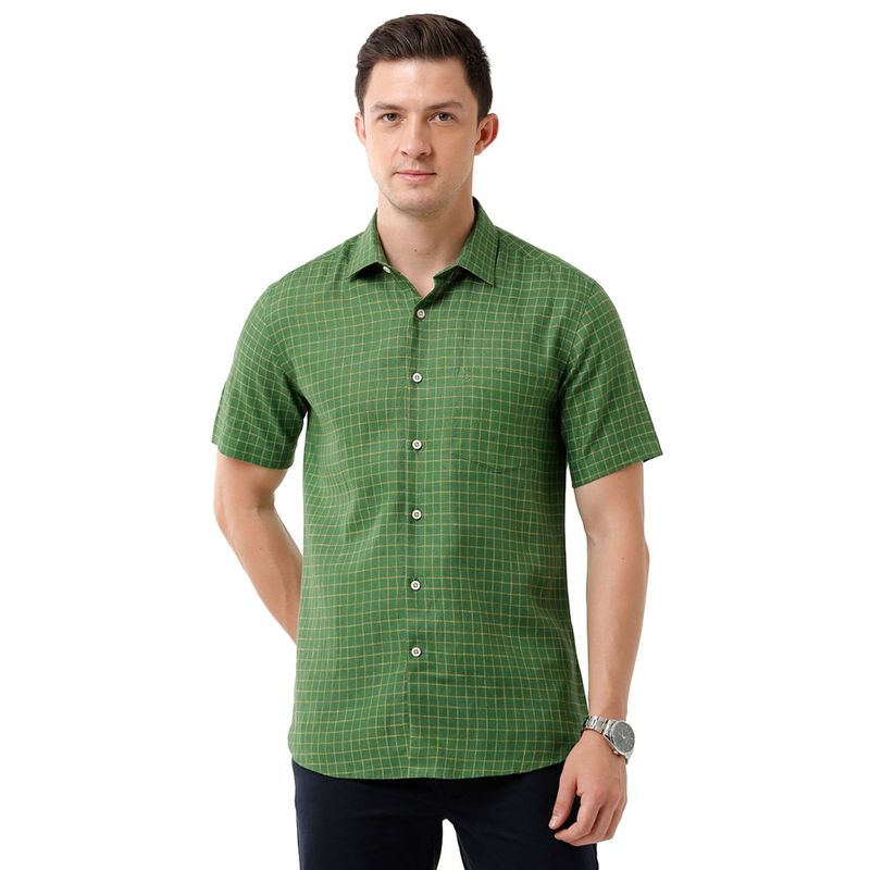 Linen Club Men's Pure Linen Green Checks Regular Fit Half Sleeve Casual ...