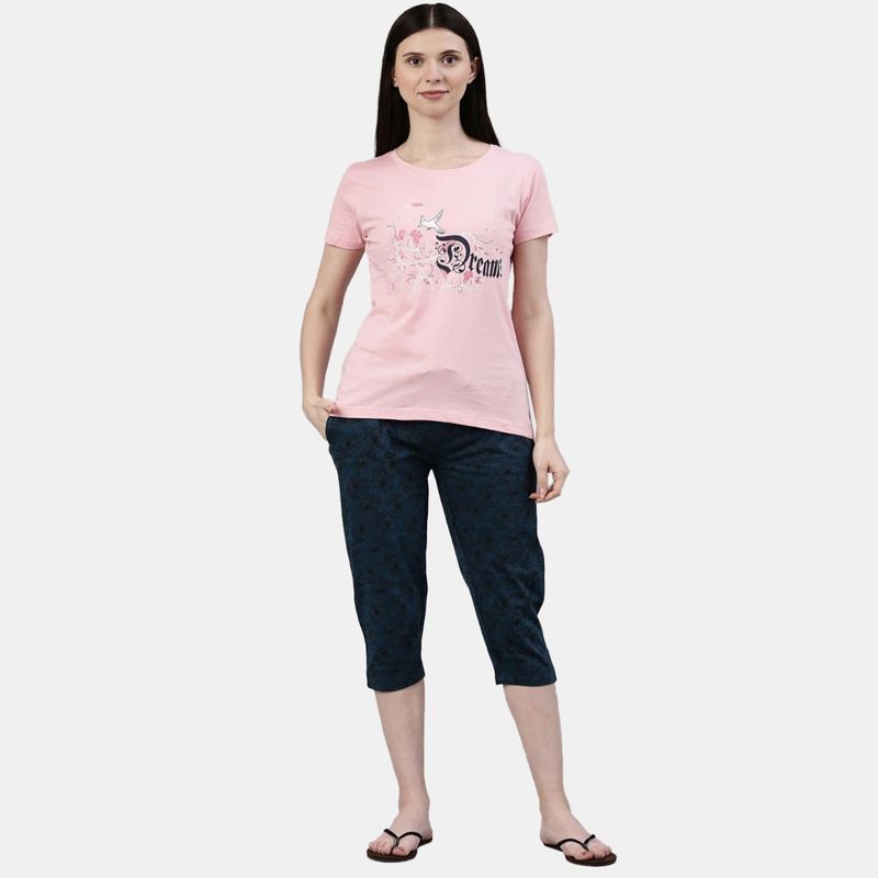 Kryptic Women Pink & Navy Blue Cotton Printed Capri Night Suit (Set of 2) (M)