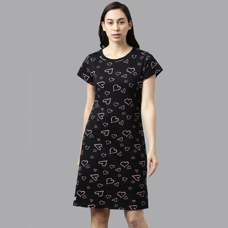 Kryptic 100 Percent Cotton Printed Lounge Dress Knee Length for Women Black (M)