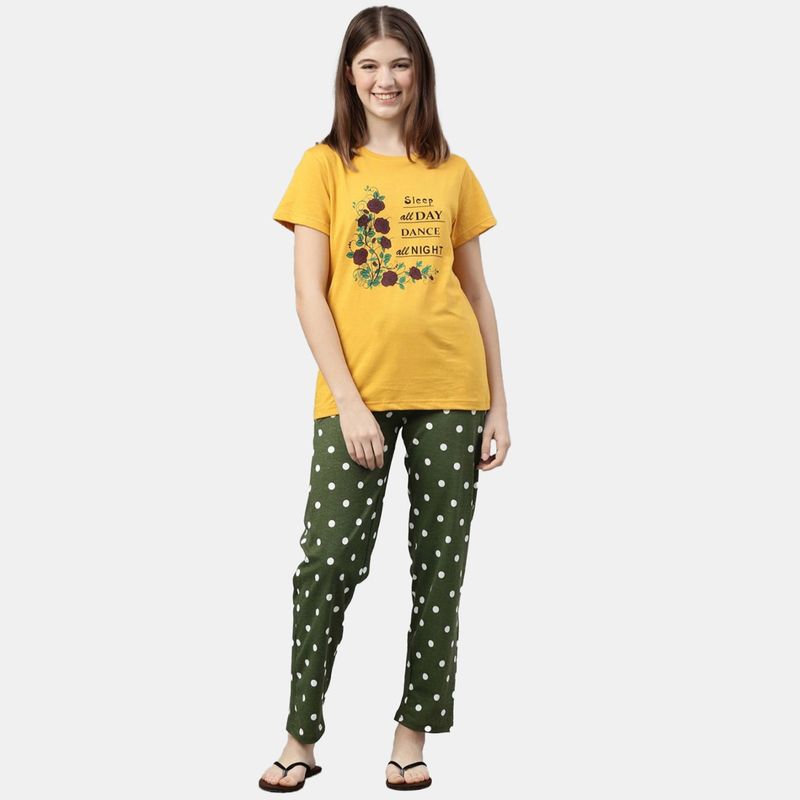 Kryptic Women Mustard & Green Printed Pure Cotton Night Suit (Set of 2) (XL)